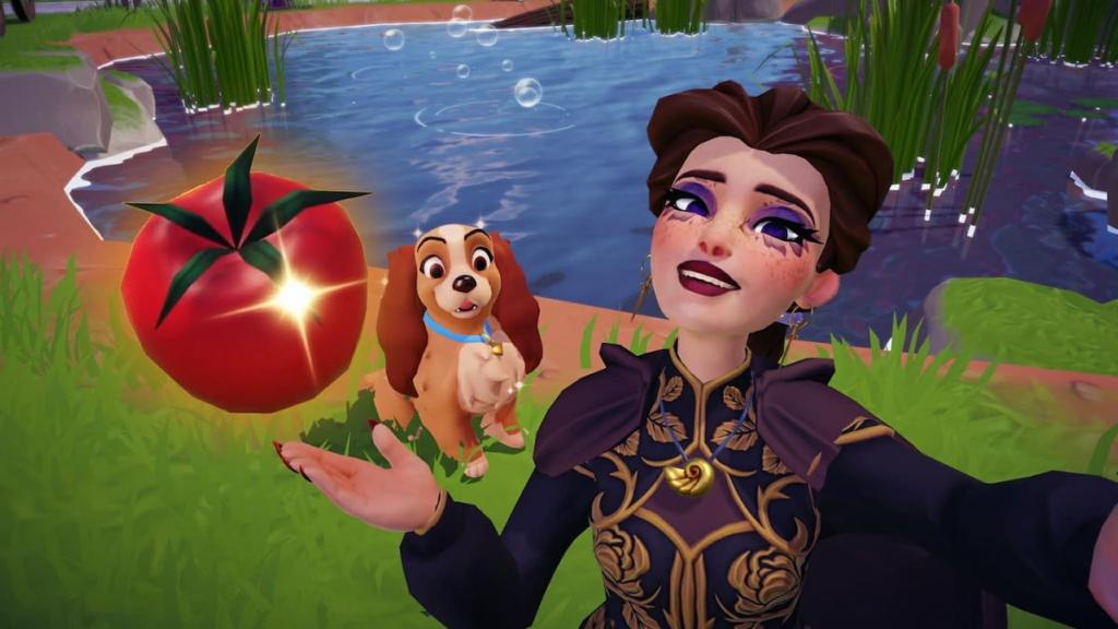 Player taking picture with lady and holding out her hand under a shiny tomato in disney dreamlight valley