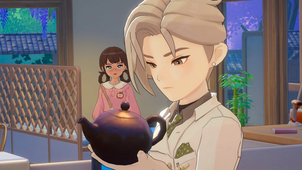 Player with hair in brown braids and a pink shirt looking at Aurelis holding a tea pot in starsand island
