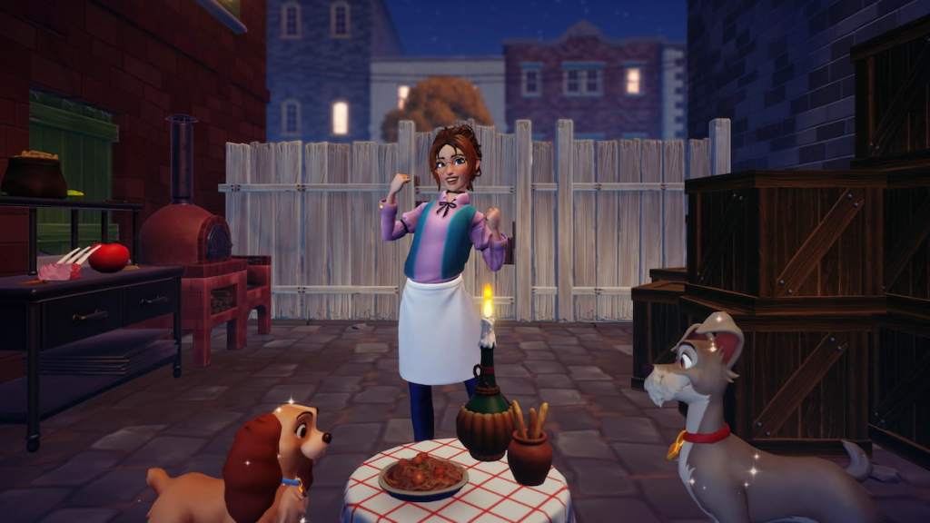 Standing at dinner with lady and tramp in disney dreamlight valley