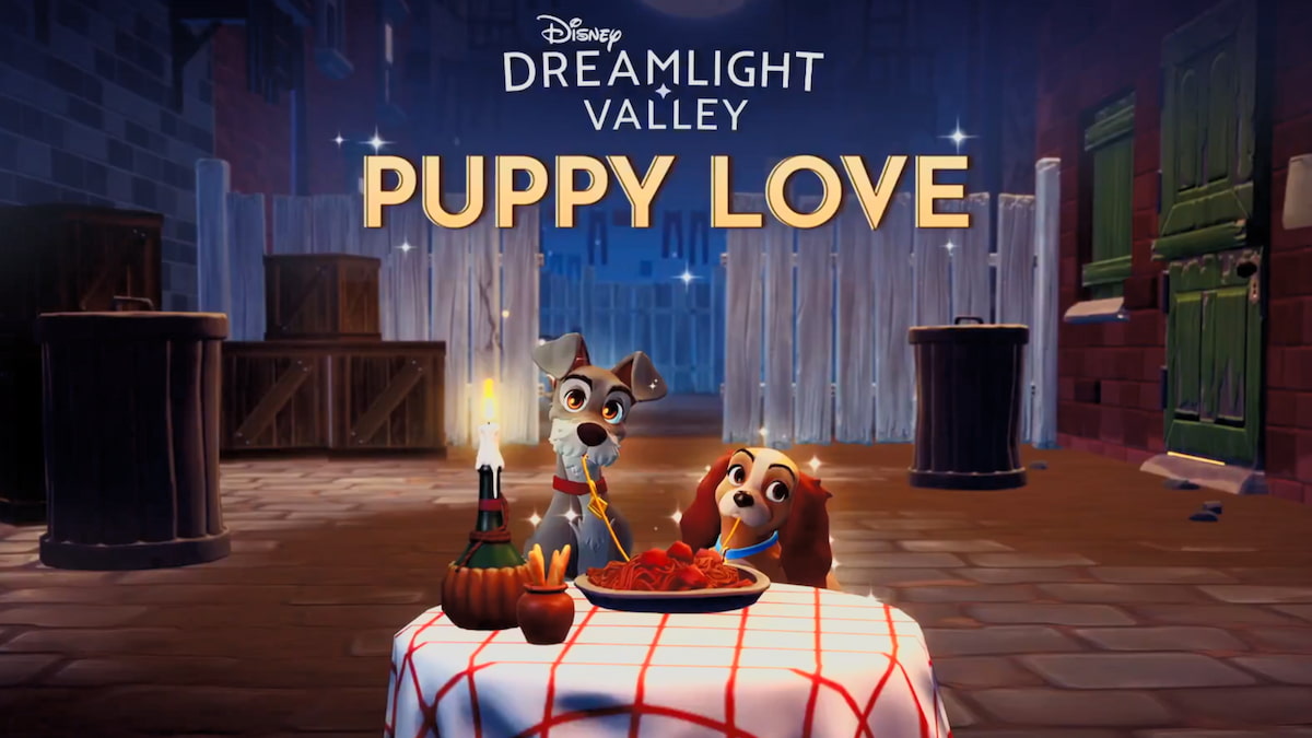 Lady and The Tramp sharing spaghetti in puppy love update in disney dreamlight valley