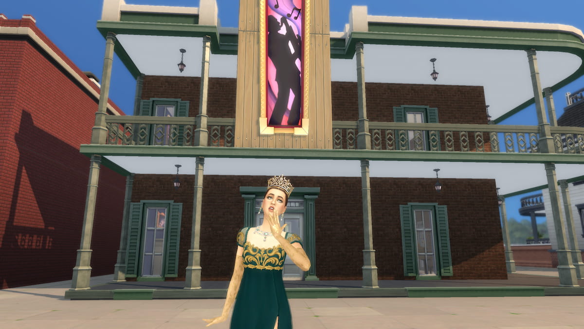 A sim in a green dress and a gold crown standing in front of the blue velvet nightclub in the sims 4