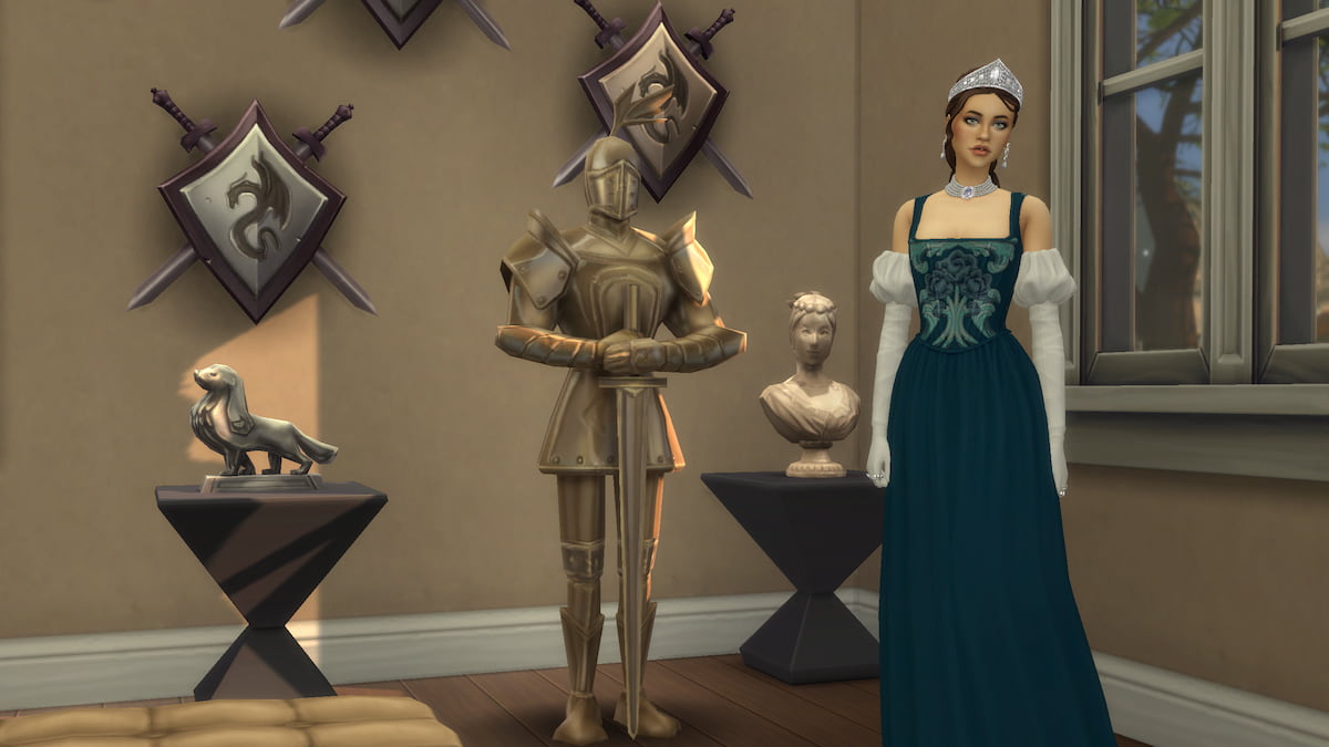 Sim in green dress standing by statues and wall art in the sims 4