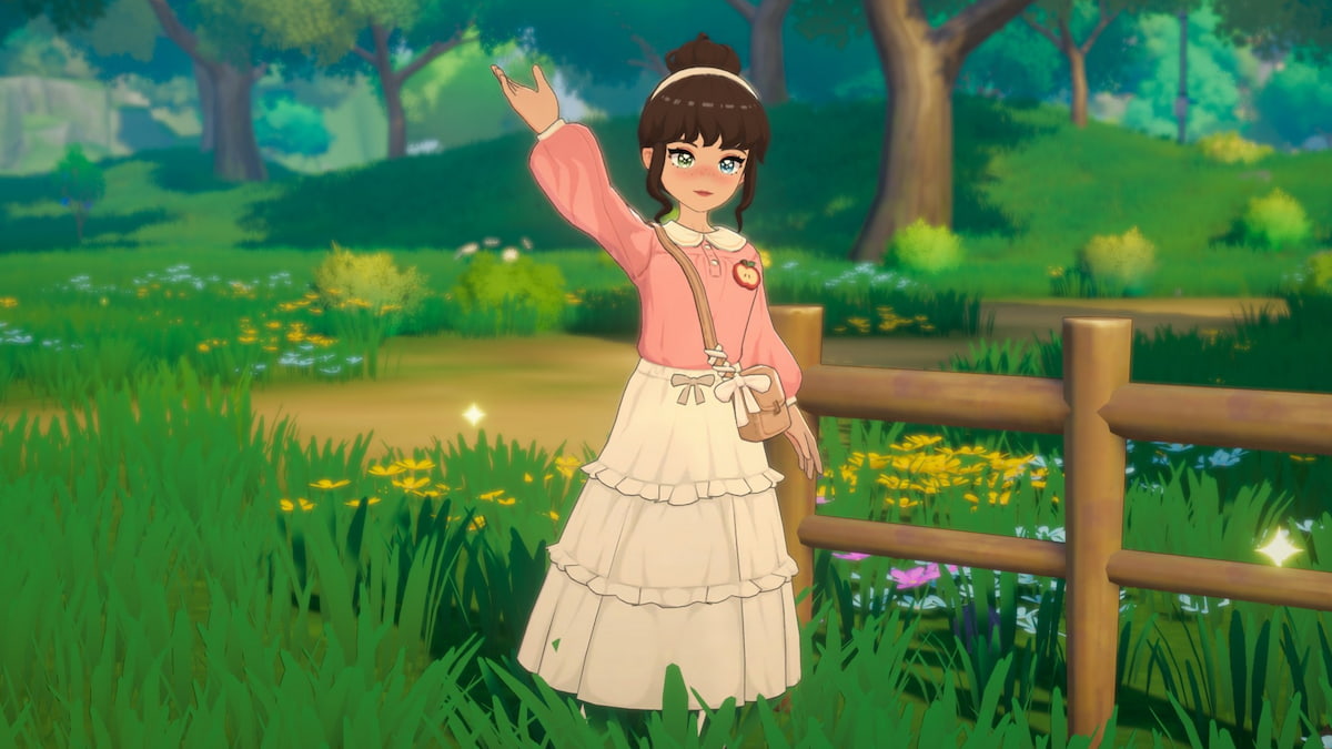 Starsand island character with brown hair, pink shirt, white skirt, and brown bag waving