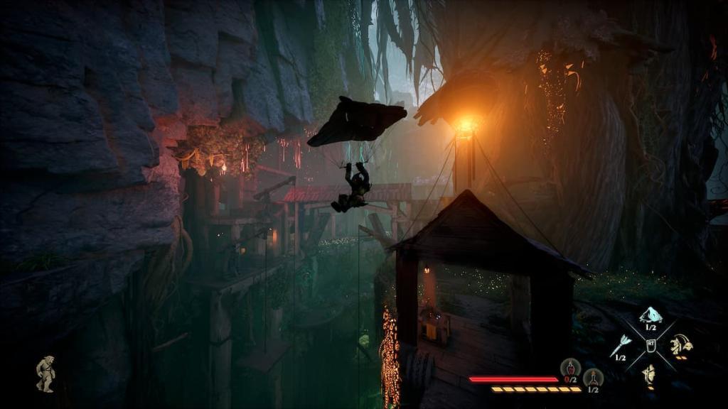 Styx gliding above a cave in Styx: Blades of Greed. 