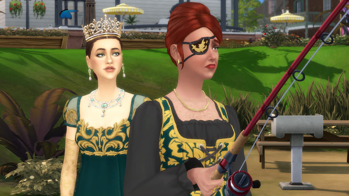 A Sim in a green dress and gold crown walking up behind the royal envoy fishing to surprise her in the sims 4