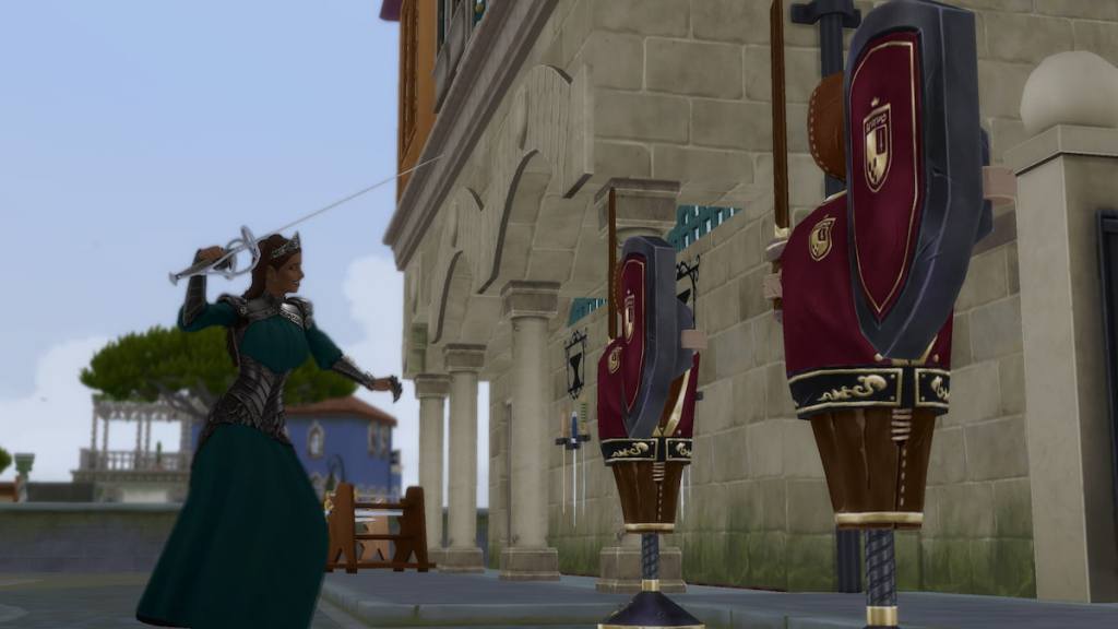 Fighting dummy in front of blacksmith in the sims 4