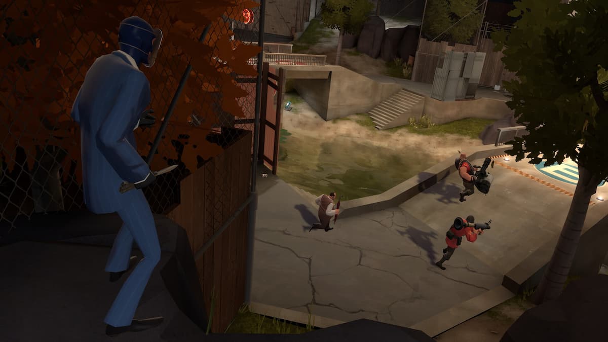 A spy watching the Civilian be escorted on a map in Team Fortress 2 Classified.