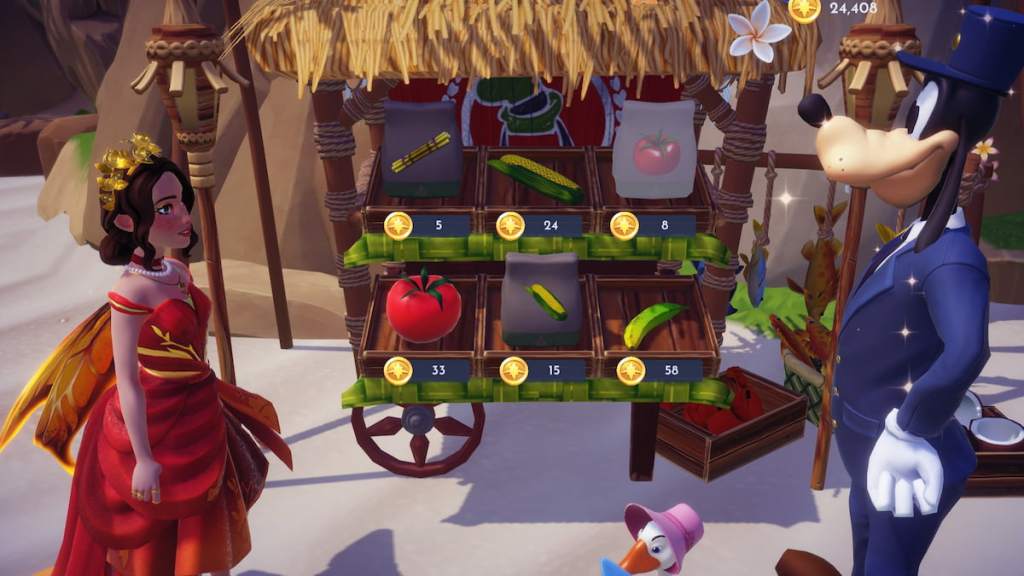 Buying tomato seeds from goofy's stall in disney dreamlight vallry