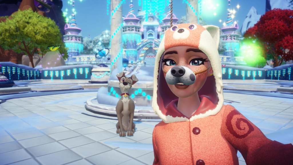 Player taking a picture with Tramp winking in front of well in disney dreamlight valley