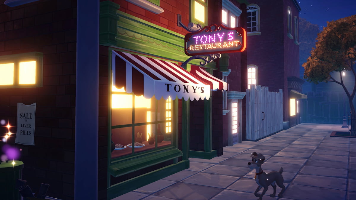Tramp in front of tony's in disney dreamlight valley