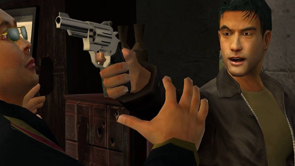 Nick Kang from True Crime points a gun at a bad guy.