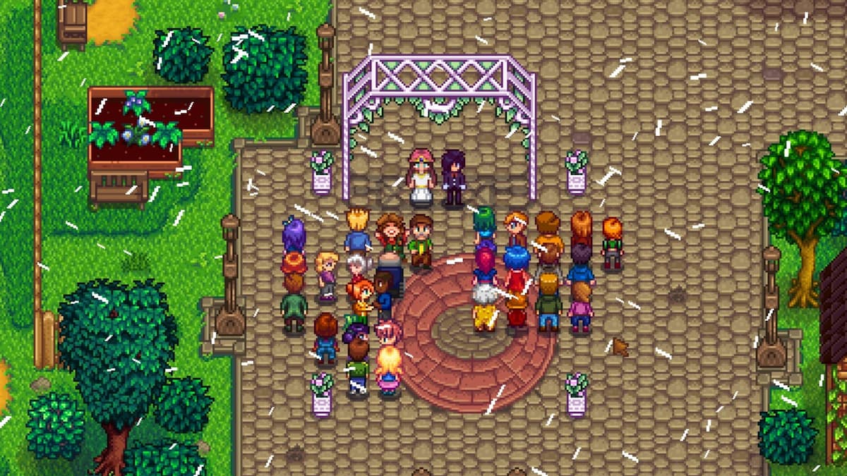Player marrying sebastian at wedding in stardew valley