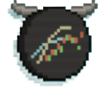 A black coin with bull horns and stock charts inside