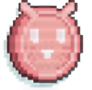 A pink coin with bunny ears and a white smiling face
