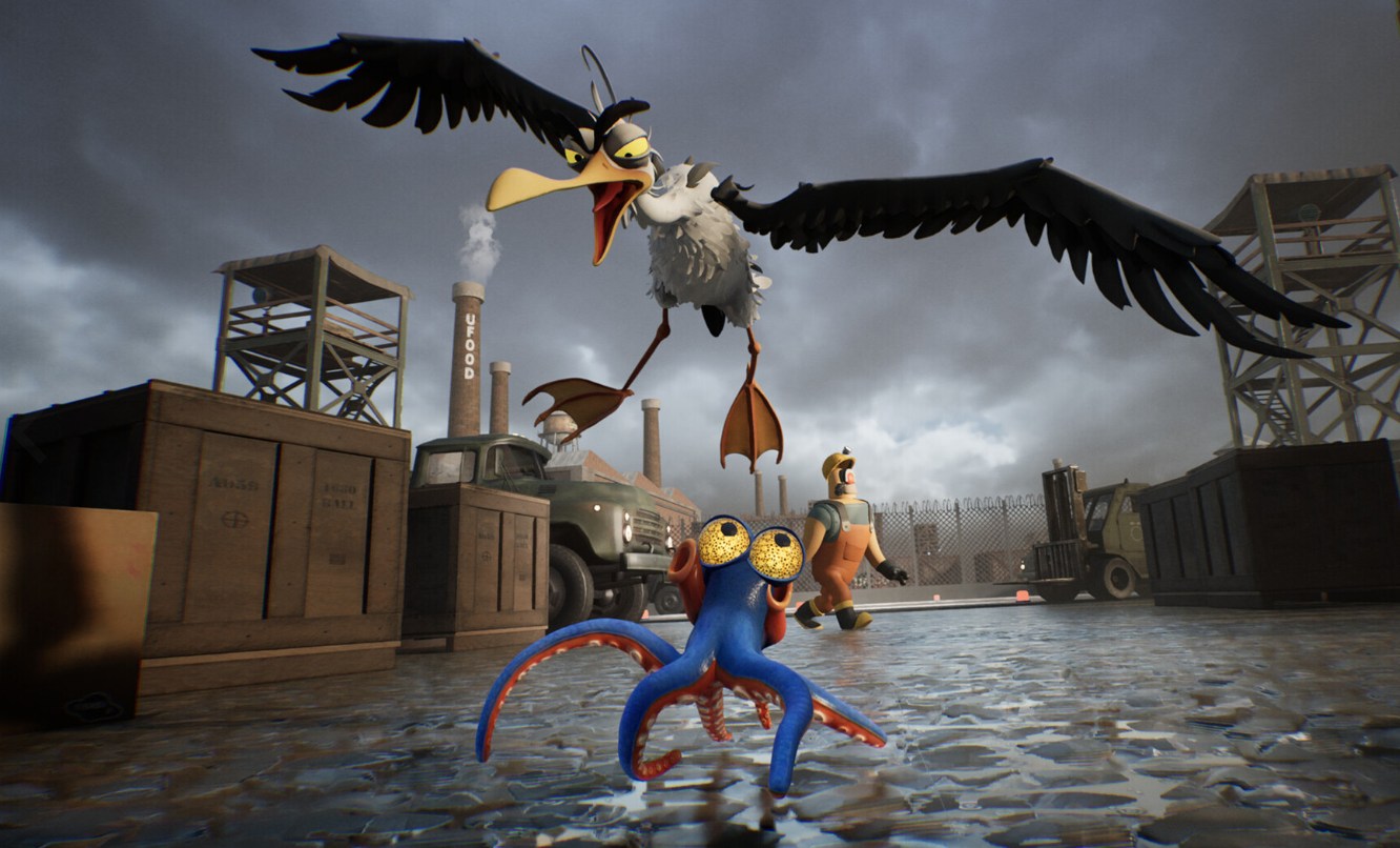 A blue cartoony octopus with bulbous yellow eyes narrowly avoids a goofy looking seagull as he runs along a cobblestone road.