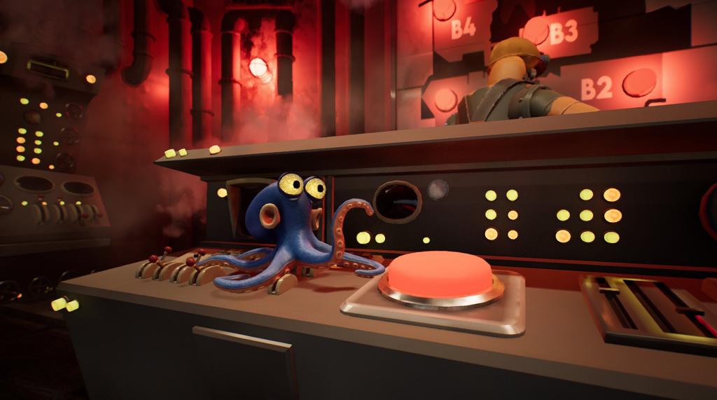 A blue octopus with bulbous yellow eyes lifts a tentacle as he poises to push a big red button.