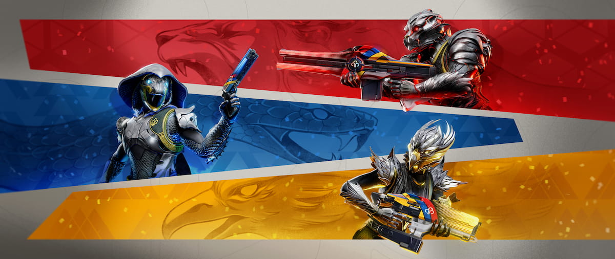 A Guardian Games Banner for Destiny 2 in 2026, showing the classes and colors.
