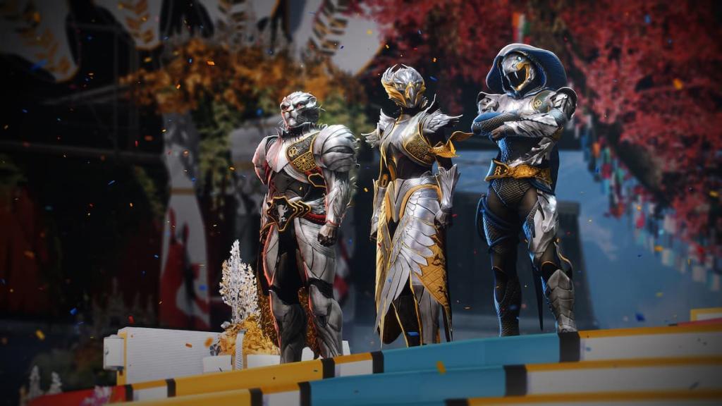 A Titan, a Warlock, and a Hunter stand on equal level at the podium in Destiny 2's Guardian Games.