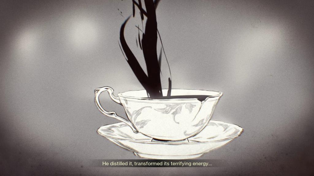 A cartoon-y cutscene of someone pouring a cup of tea. The tea was made with the remains of Nezarec, in Season of Plunder.