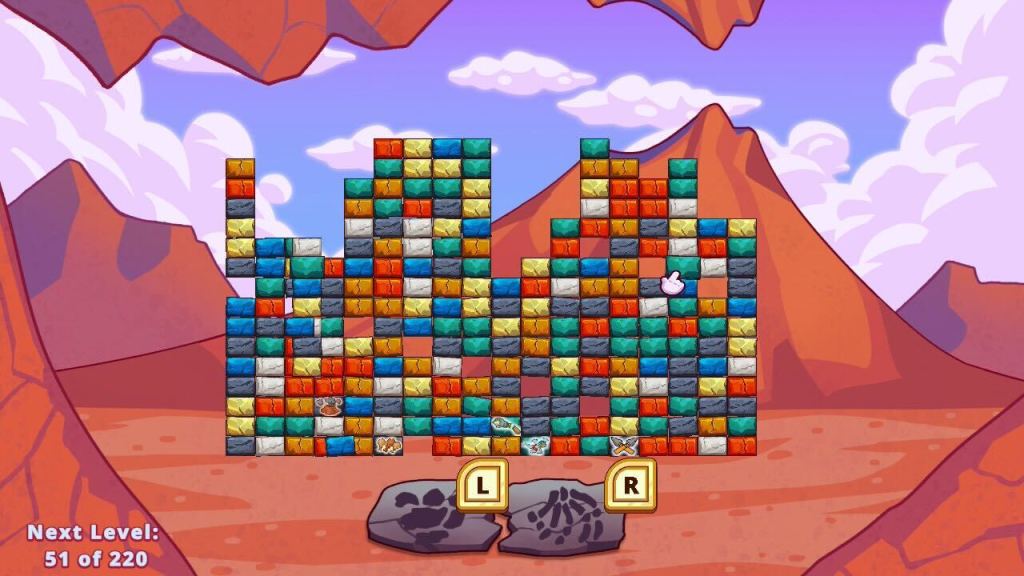 A bunch of colorful rectangular boxes against a prehistoric background.