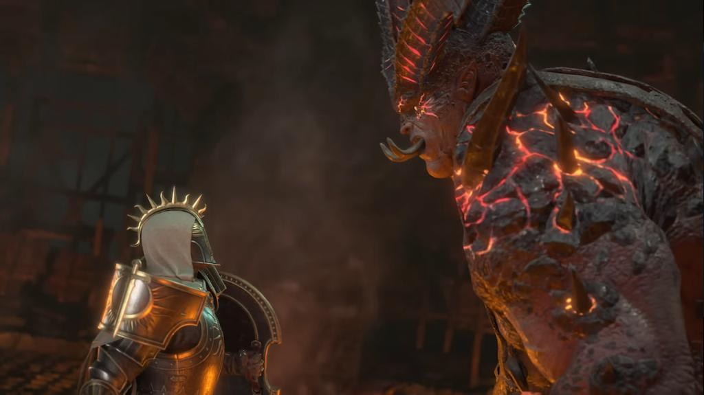 The Butcher stares down a Paladin in Diablo 4.