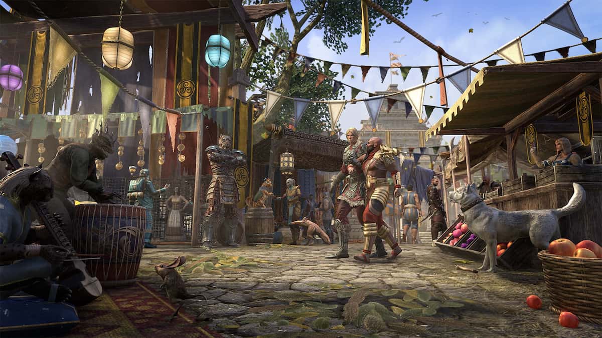 Lyris Titanborn and Sai Sahan walk through a bazaar in Elder Scrolls Online.