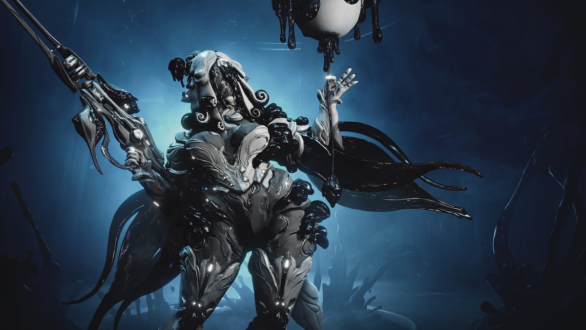 Follie, a female, ink-themed warframe, holds her signature rifle and a white, ink-covered balloon.