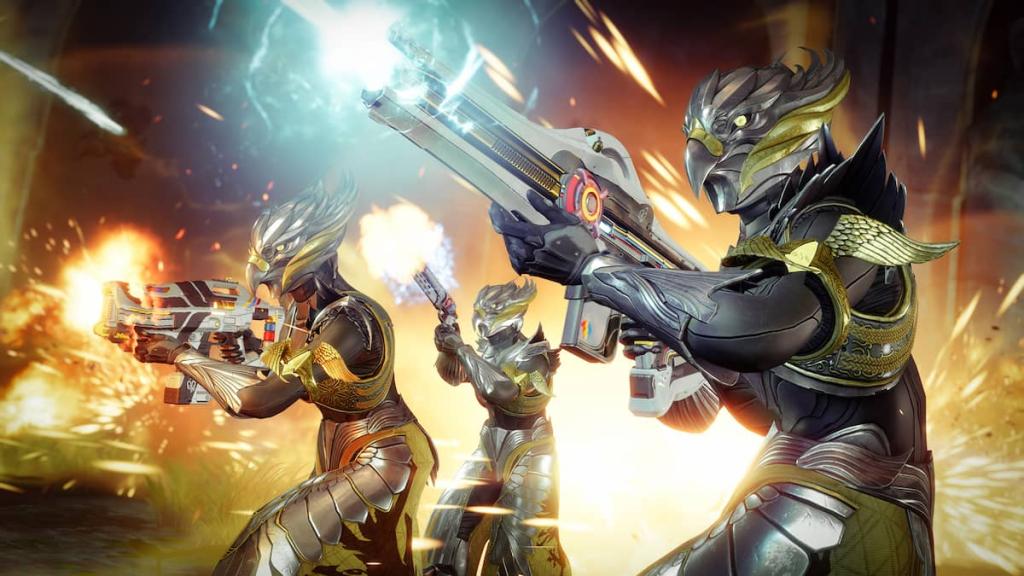 Three Warlocks clad in Guardian Games 2026 armor fire at an unseen enemy.