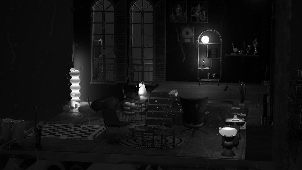 Black and white shot of music hall with rain dropping on camera