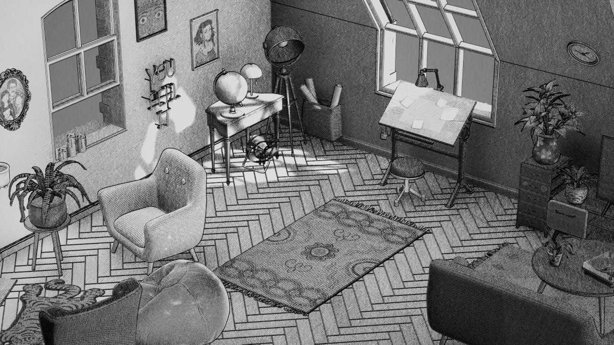 Black and white shot of the first level (living room) in Hozy
