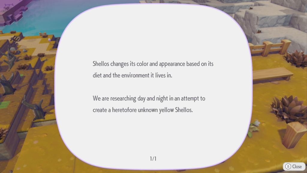 A white dialogue blurb popped up in Pokopia titled "Shellos report" talks about how a yellow shellos may exist
