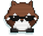 A coin in the shape of a raccoon head wearing sunglasses