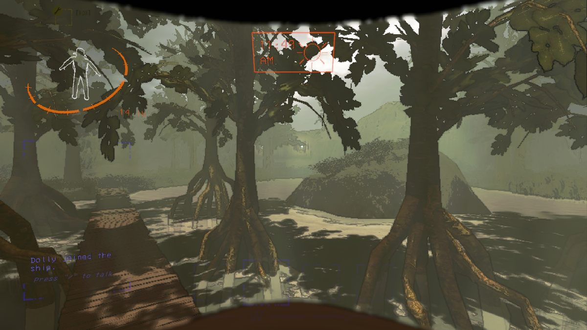 The March exterior with trees, water, and wooden bridges