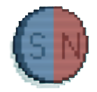 A coin that's half blue and half maroon. The blue side has an "S" and the red has an "N" on it