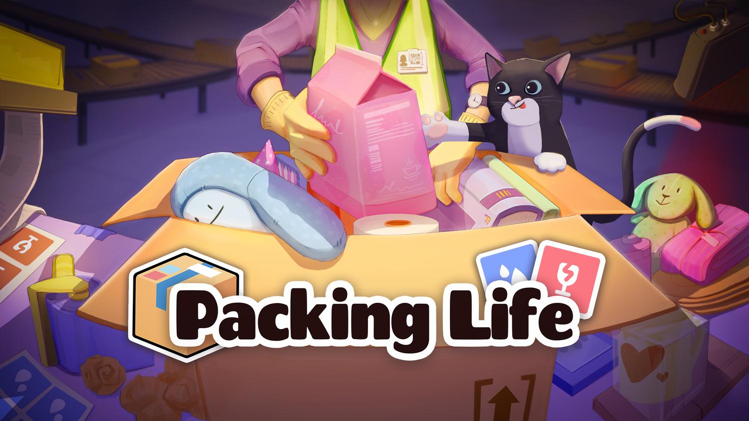 The promotional art for Packing Life, showing a person putting items into a cardboard box.