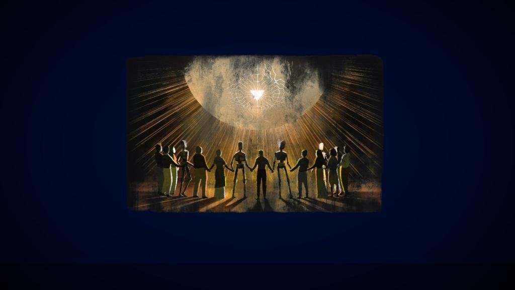 Painting of robots and humans holding hands, worshipping their ship's spherical AI system