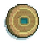 A brown coin with a circular carving in the middle
