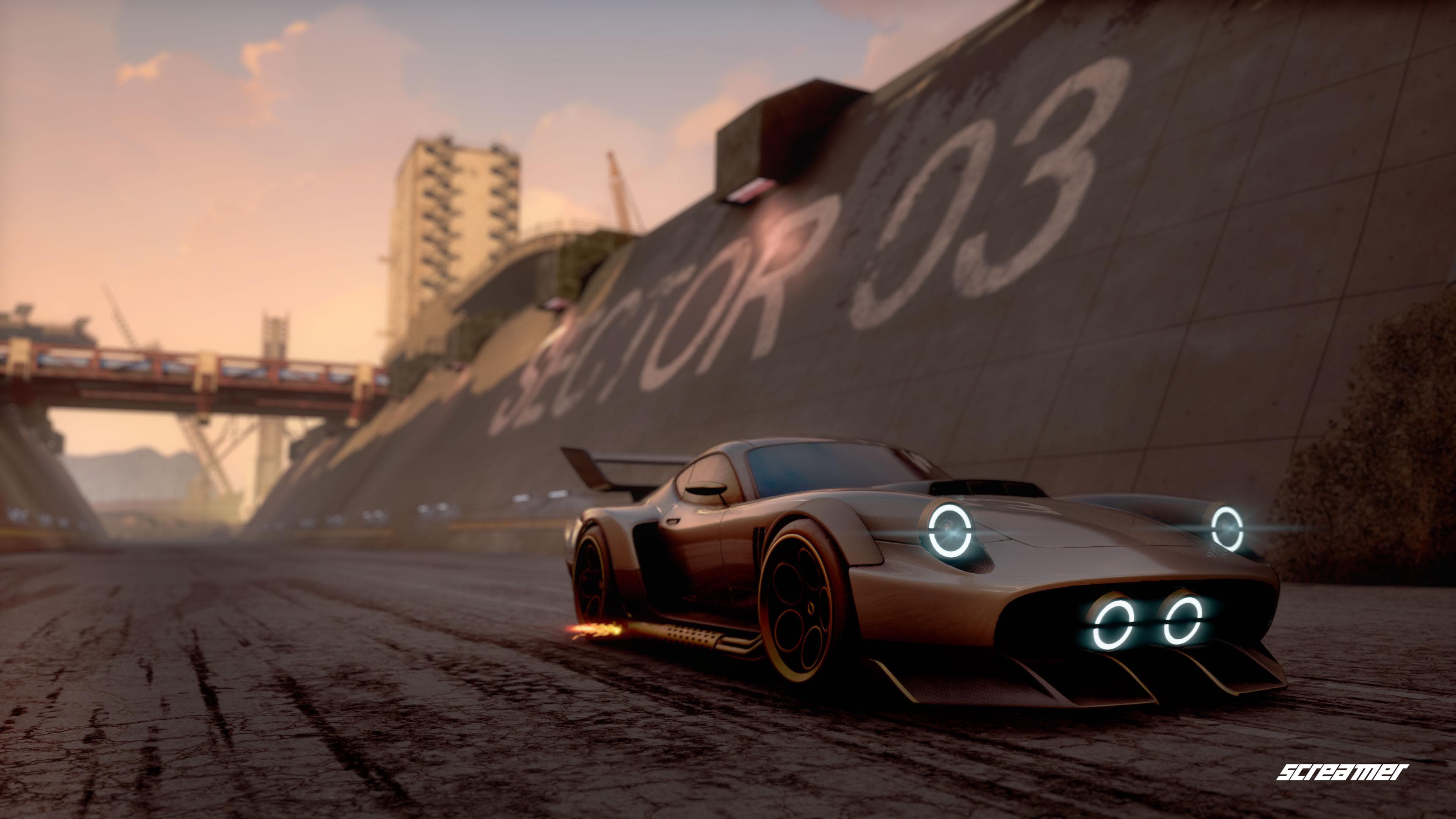 Anaconda Corp team reveal art from Screamer, with a futuristic car parked alongside a battleship