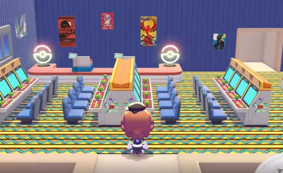 A screenshot from Pokopia showing a male Ditto chatacter standing in front of a casino