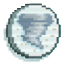 A silver coin with a tornado in the middle of it