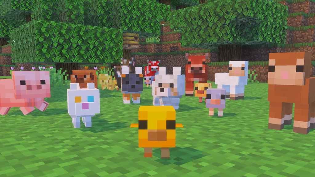 Baby mobs gathered in a forest in minecraft