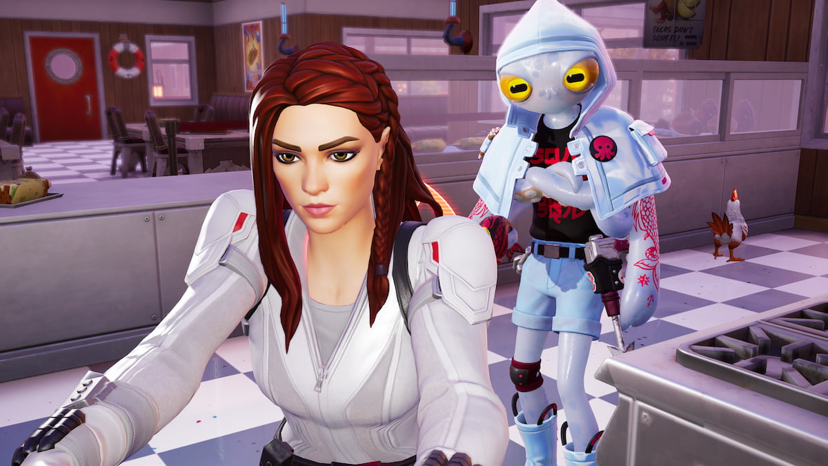 Black widow standing with squibbly chef npc in fortnite