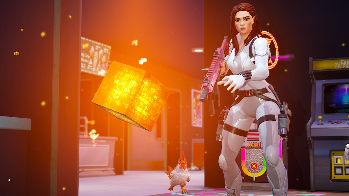 Black widow standing by orange chaos cube in fortnite