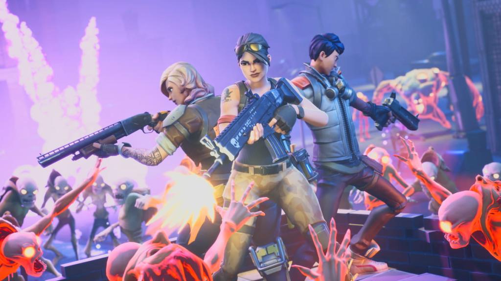 Three characters fighting back to back in Fortnite save the world.