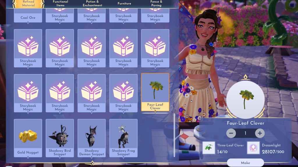 Crafting four-leaf clover in disney dreamlight valley