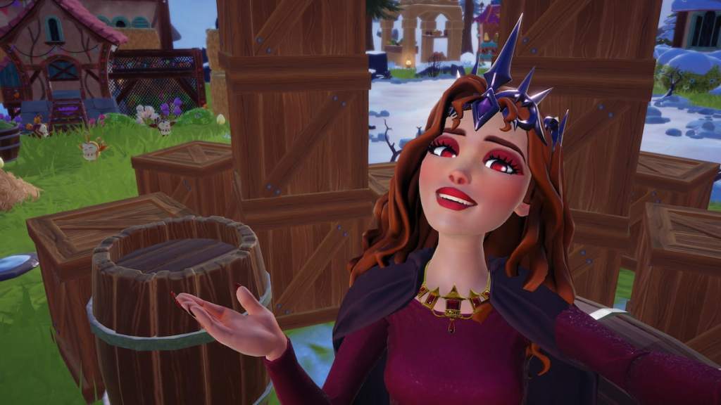 Taking picture with stacks of crates and a barrel in disney dreamlight valley