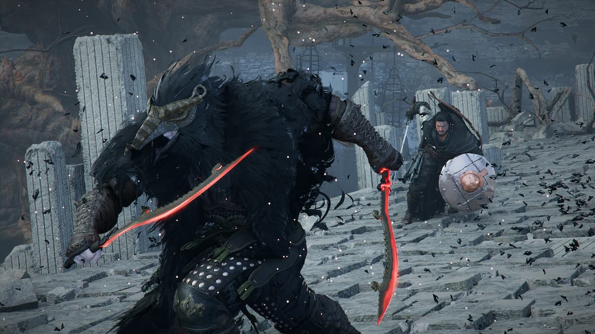 Kliff and the Crow going toe to toe on an Abyss island in Crimson Desert.