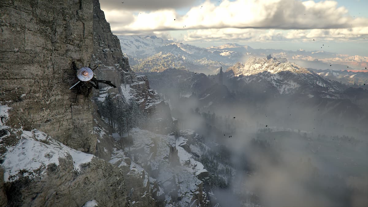 Kliff hanging onto a cliff above the clouds in Crimson Desert.