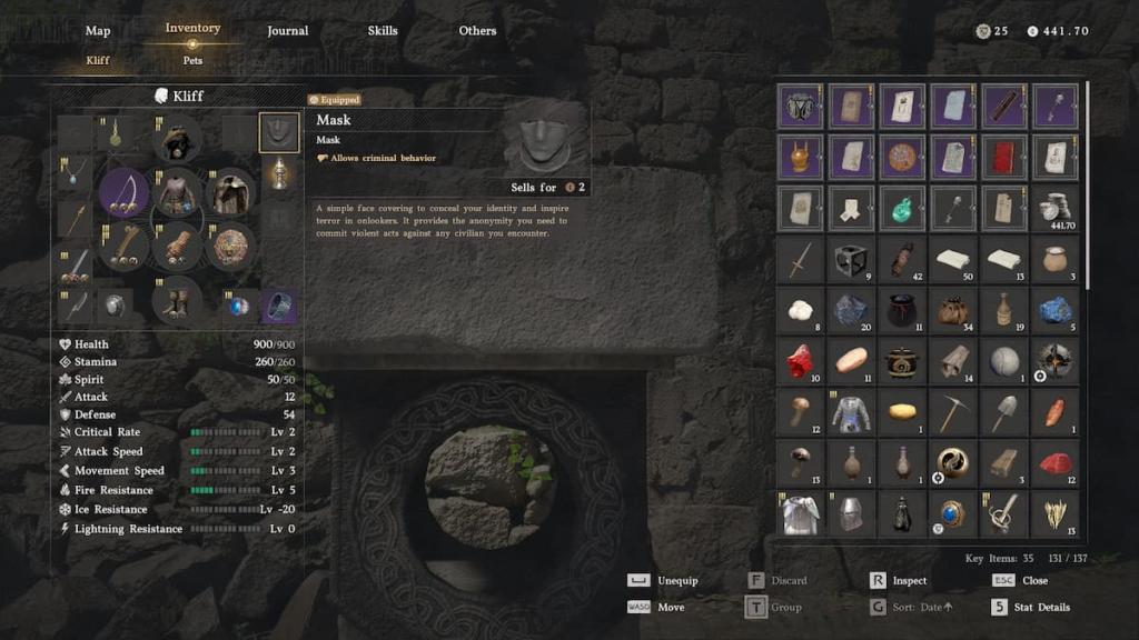 The mask item selected in Crimson Desert's inventory screen.