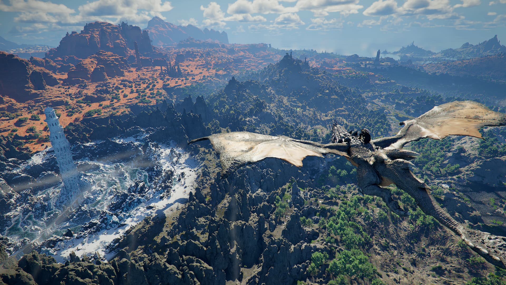 Kliff flying a dragon over Pywel in Crimson Desert.